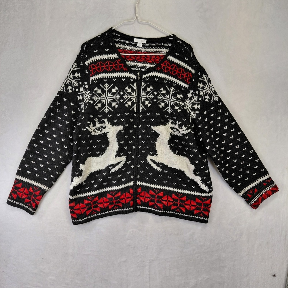J. Jill Reindeer Fair Isle Zip Front Cardigan Sweater Black Red Petite Large